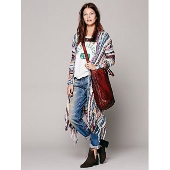 FINAL SALE❣️RARE Free People Multicolored Fringe Hem Long Hooded Knit Cardigan - Picture 1 of 12